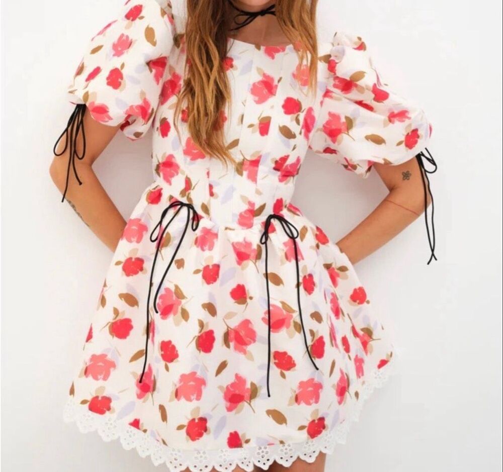 NWT For Love & Lemons White And Red Floral Puff Sleeve Mini Dress Size S